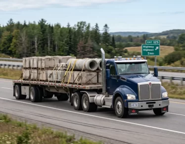 Kenworth semi-truck hauling a flatbed trailer loaded with concrete cargo while driving on a Canadian highway. The flatbed carries palletized precast concrete blocks and concrete construction materials, secured with heavy-duty straps and chains.