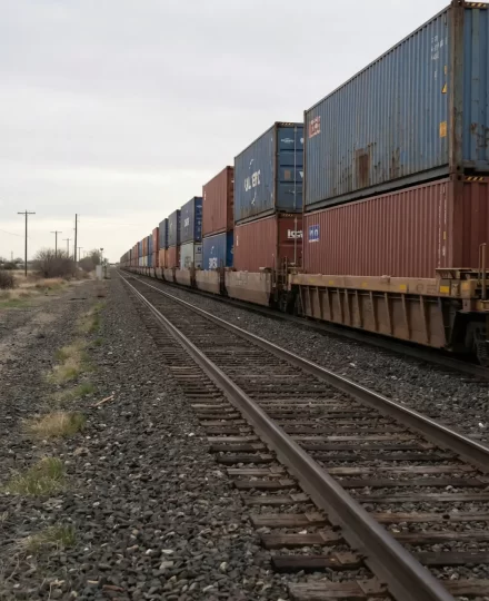 freight train carrying standard intermodal shipping containers along a straight railroad track. The train consists of flatcars loaded with rectangular ISO containers stacked one-high