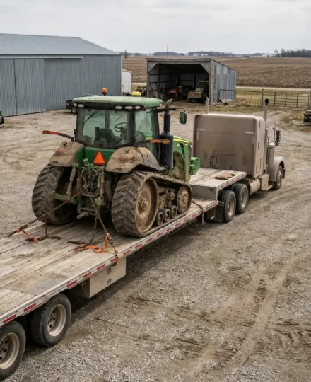 semi-truck with a flatbed trailer parked at an agricultural facility. The flatbed trailer is loaded with a John Deere tracked tractor, secured in place with heavy-duty chains and tie-down straps. The tractor shows visible signs of recent use, with dust and dirt on the tracks, body panels, and lower surfaces,