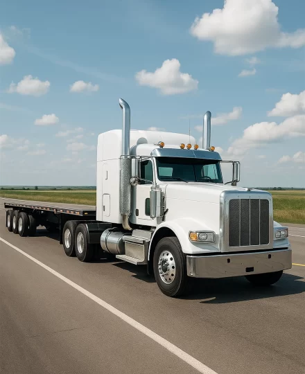 White long-nose semi-truck with a flatbed trailer driving on an open highway, featuring chrome grille and vertical exhaust stacks, traveling through flat grassland under a bright sky with scattered clouds.