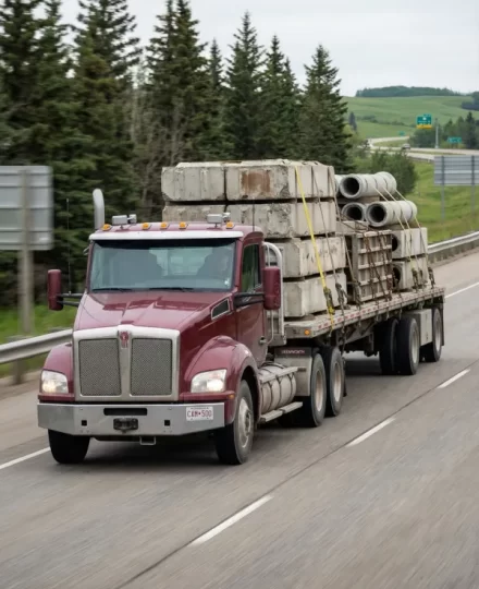 Kenworth semi-truck hauling a flatbed trailer loaded with concrete cargo while driving on a Canadian highway. The flatbed carries palletized precast concrete blocks and concrete construction materials, secured with heavy-duty straps and chains.