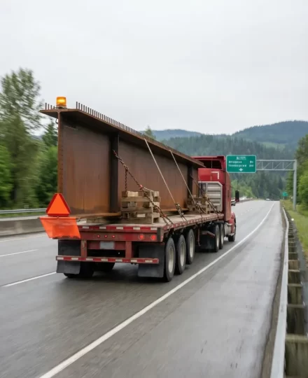 heavy oversized load being transported on a flatbed trailer, extending beyond the rear of the trailer, traveling along a British Columbia highway.
