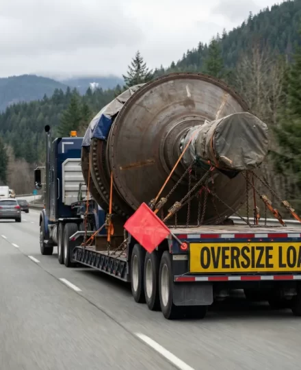 heavy oversized load being transported on a flatbed trailer, extending beyond the rear of the trailer, traveling along a British Columbia highway
