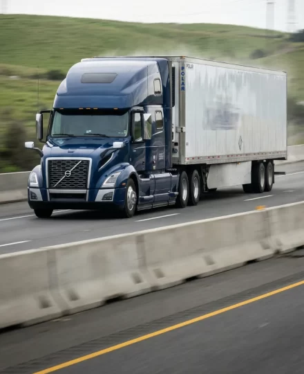 Volvo VNL 860 semi-truck driving on an American highway, hauling a long refrigerated trailer. The truck is captured in motion, traveling at highway speed.