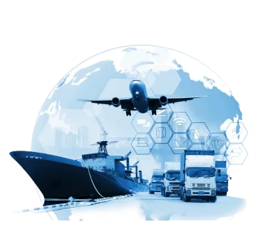 Blue-toned logistics illustration featuring a cargo airplane flying over a globe backdrop, a container ship at sea, and a convoy of freight trucks on the road, with hexagonal tech icons suggesting digital, interconnected global supply chain operations.