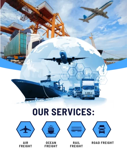 Promotional logistics illustration showing a globe with airplane, cargo ship, freight trucks, and port cranes, labeled OUR SERVICES with icons for air freight, ocean freight, rail freight, and road freight, representing integrated global transportation solutions.