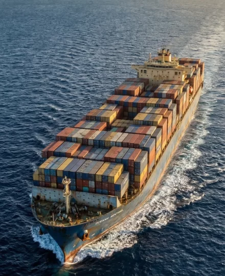 A massive, Ultra-Large Container Vessel (ULCV) underway in the deep open ocean. The ship is fully laden with intermodal shipping containers stacked high on deck.