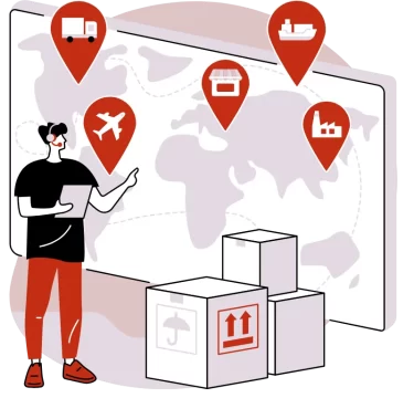 Illustration of a logistics planning scene with a person pointing at a world map marked by location pins for truck, airplane, ship, warehouse, and factory, alongside stacked shipping boxes representing global supply chain coordination.