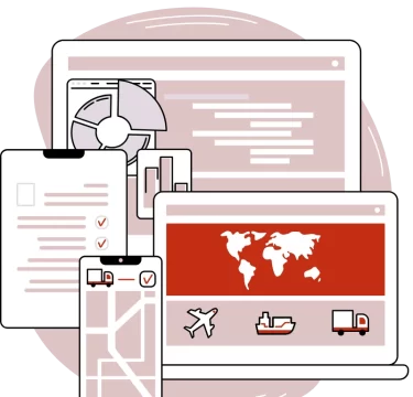 Illustrated logistics and supply chain dashboard showing a desktop screen with charts and code, a world map with transport icons for air, sea, and road, a mobile device with checklist and map, and UI elements representing global shipping management.