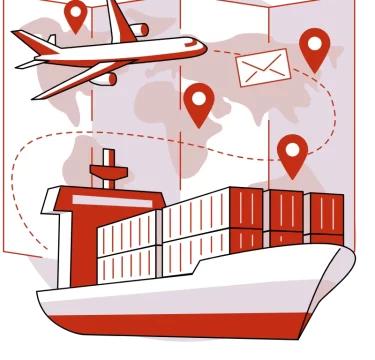 Illustrated international shipping concept showing a cargo ship loaded with containers, an airplane flying over a folded world map with dotted routes, location pins, and an envelope icon representing global transport and logistics.