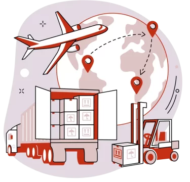 Illustrated logistics scene depicting international shipping with an airplane flying over a globe marked by location pins, a delivery truck with open cargo doors, a forklift handling packages, and boxed goods representing global supply chain distribution.