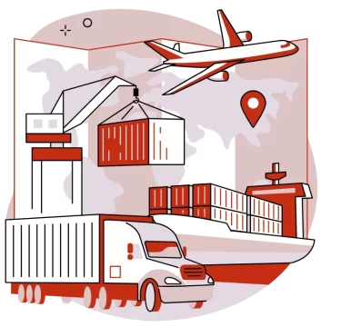 Stylized illustration of global logistics showing a cargo ship with stacked containers, a crane lifting a container, a delivery truck, and an airplane overhead, with a location pin indicating transportation and supply chain movement.